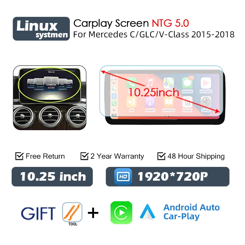 Central multimidia Wireless Carplay para Mercedes Classe C W205 GLC X253 C180 C200 300 350 2015-2018