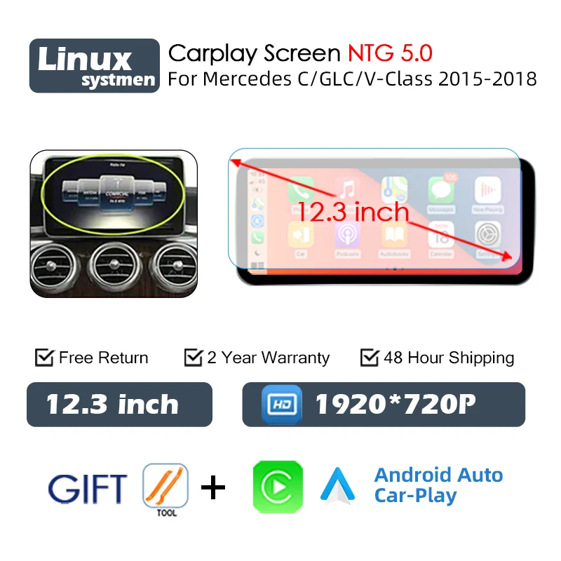 Central multimidia Wireless Carplay para Mercedes Classe C W205 GLC X253 C180 C200 300 350 2015-2018
